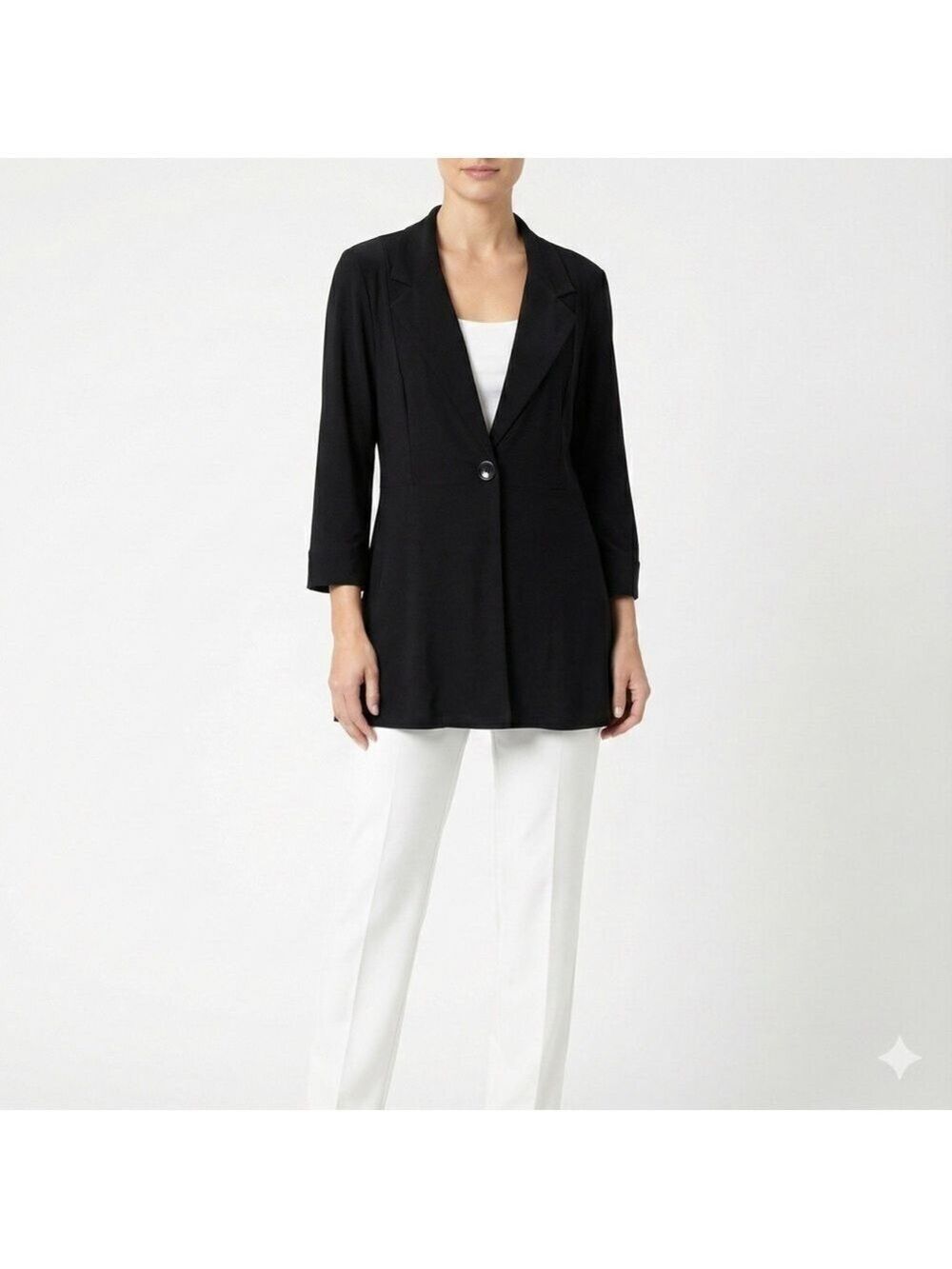 FRANK LYMAN Jersey Knit One Button Black Long Line Cardigan Sz 18 MADE IN CANADA